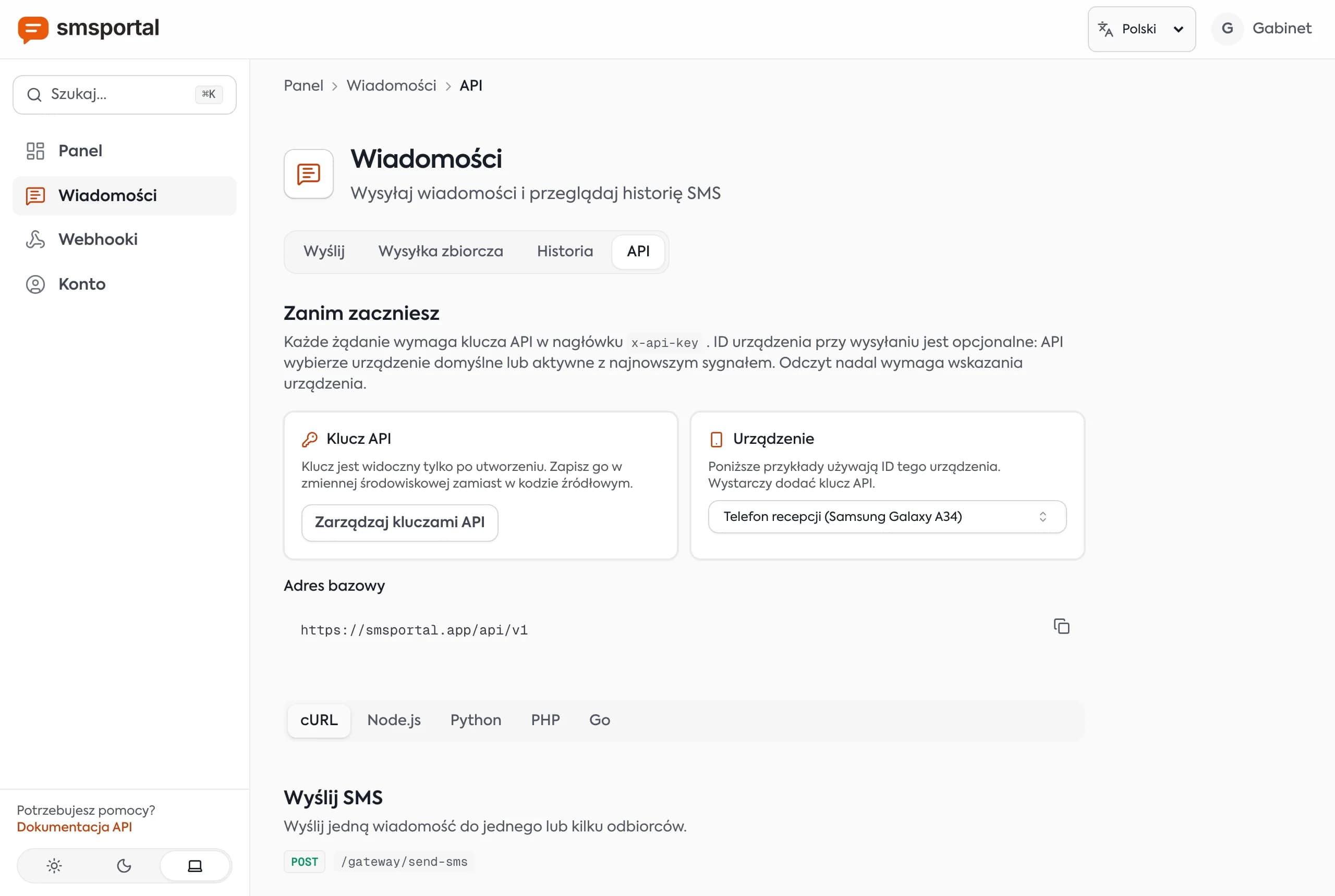Przewodnik API w panelu smsportal z przykładami kodu