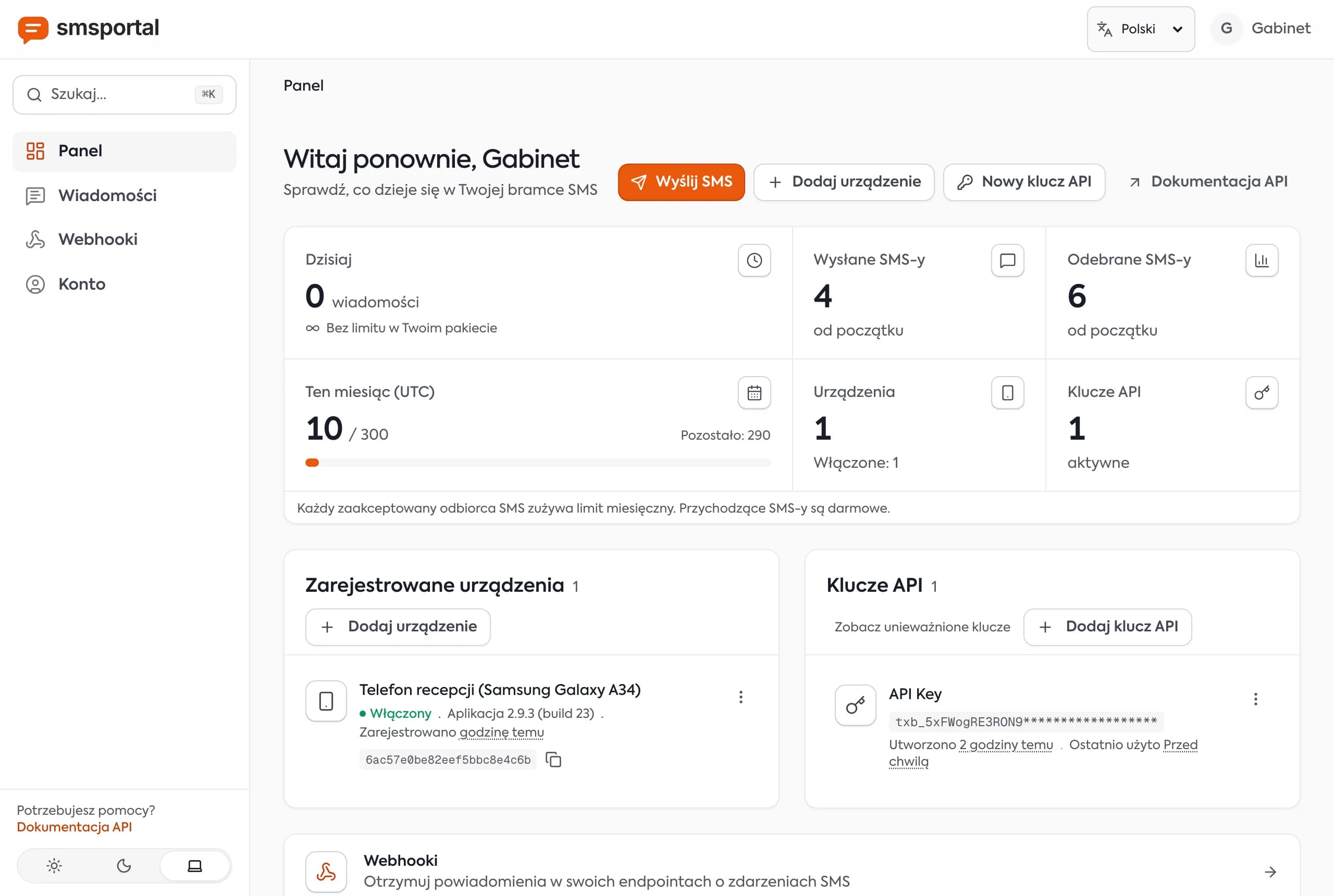 Panel smsportal z urządzeniami i kluczami API